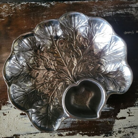 Vintage Wilton Armetale Chip & Dip Cabbage Leaf Serving Bowl Pewter - Picture 2 of 6